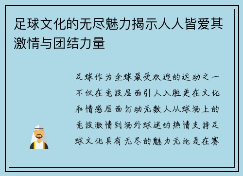 足球文化的无尽魅力揭示人人皆爱其激情与团结力量